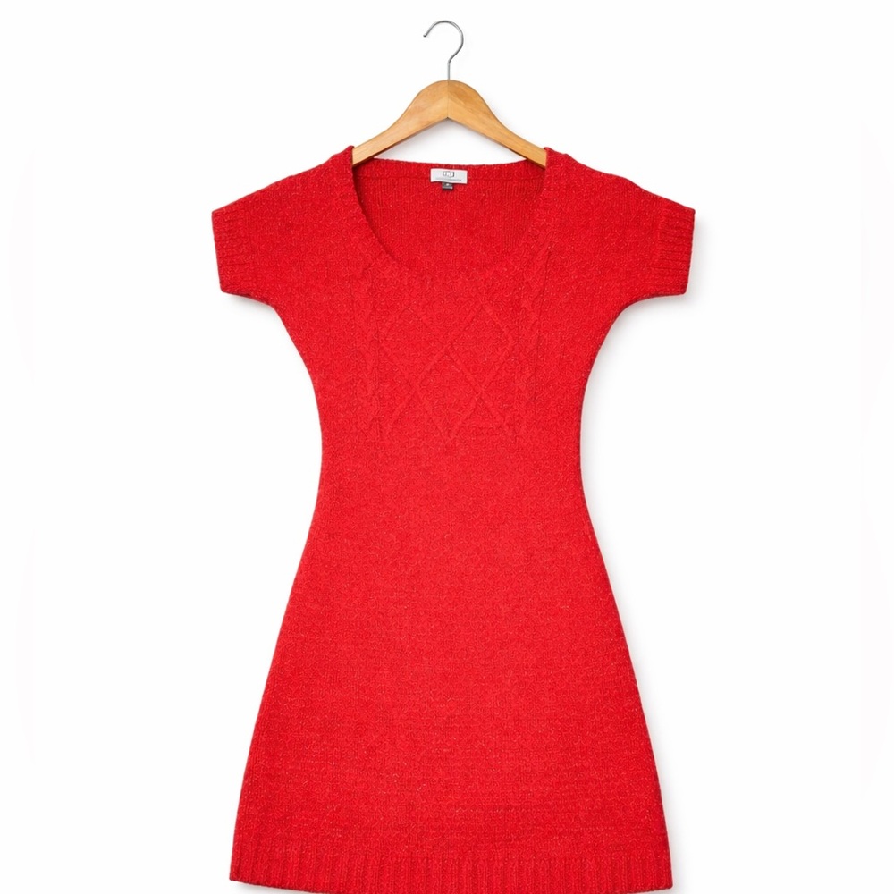 Vintage Red Ribbed Sweater Dress – Cozy Stretch Knit, Soft & Flattering Fit